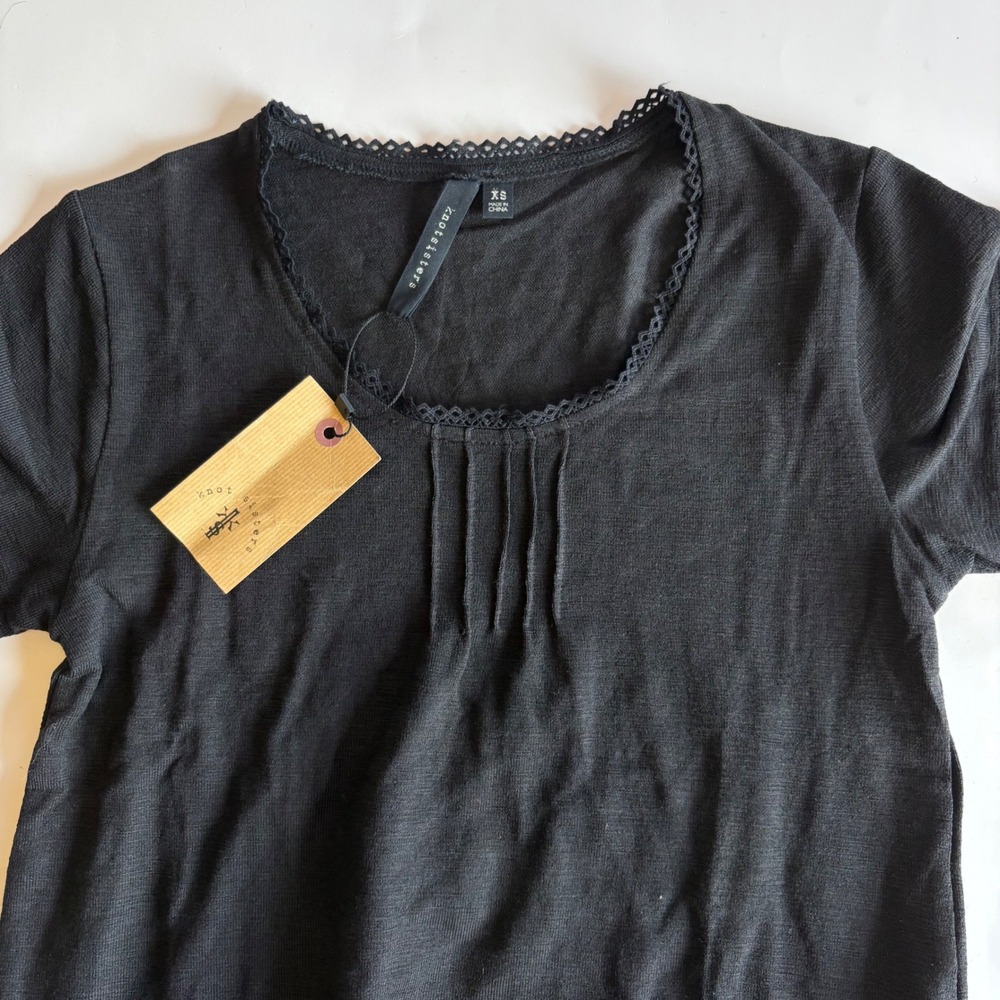 Knot Sisters Anthropology Black Short Sleeve Pintuck Lace Trim Mini Dress XS NWT